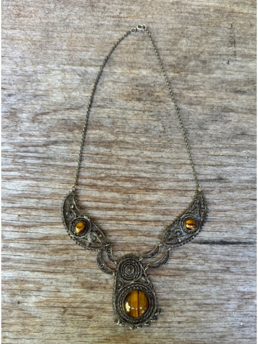 Vintage Israel 935 Silver Tiger Eye Filigree Necklace Pendant 17 3/8”